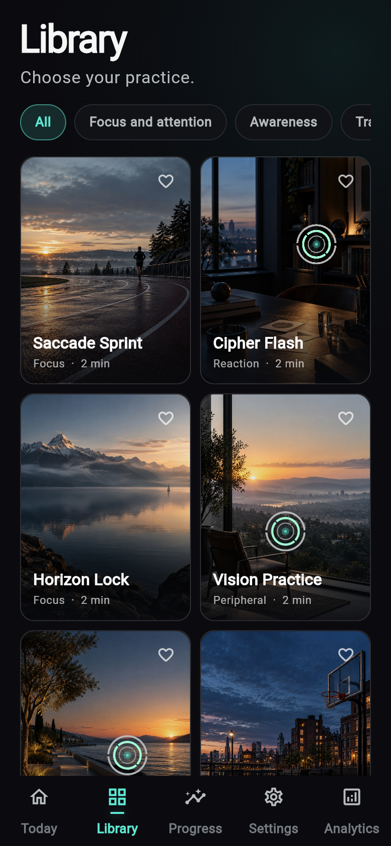 Neural Gym exercise library displaying available training activities