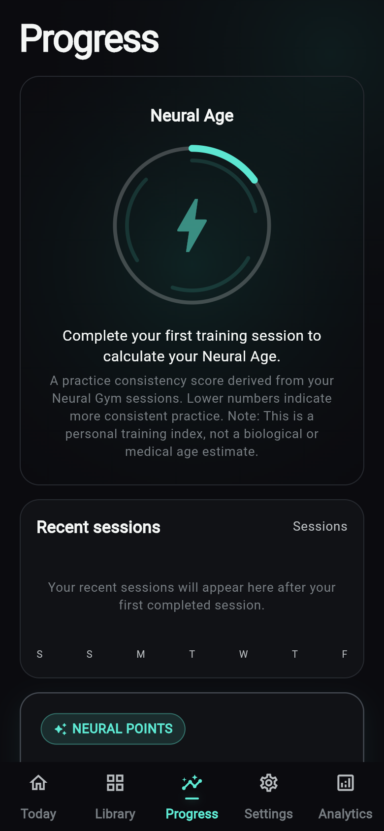 Neural Gym progress screen displaying recent training activity