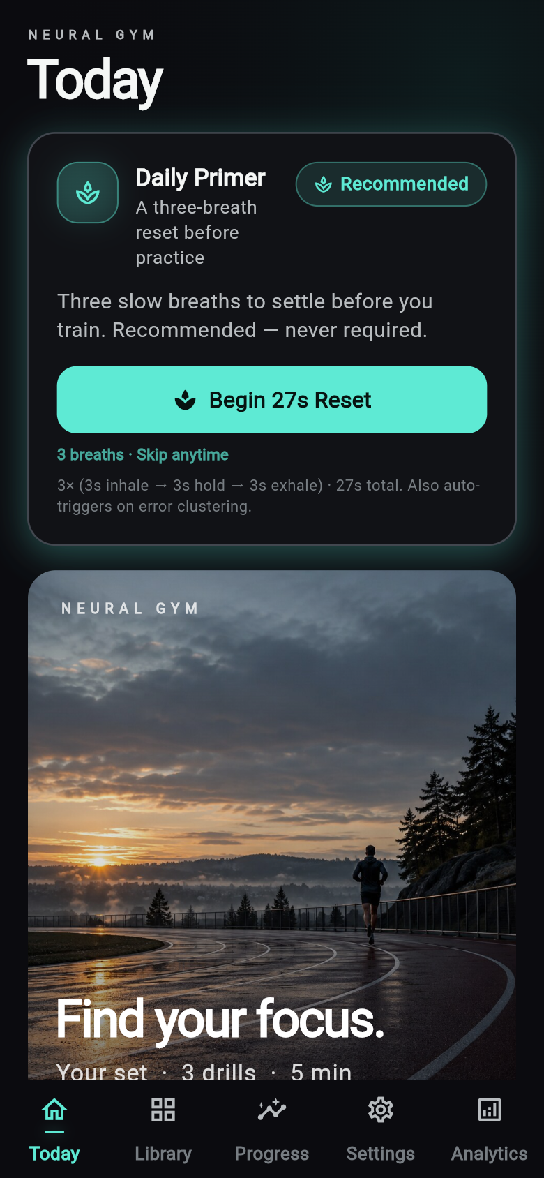 Neural Gym daily training screen showing a dark interface with mint highlights